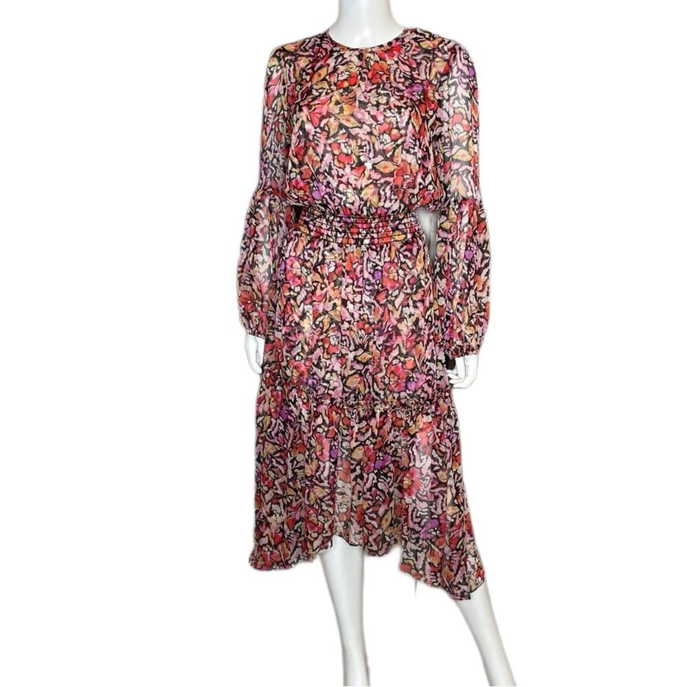 Misa Simone Floral Print Long Sleeve Chiffon Midi Dress In Multi Women’s Sz M - Picture 2 of 6